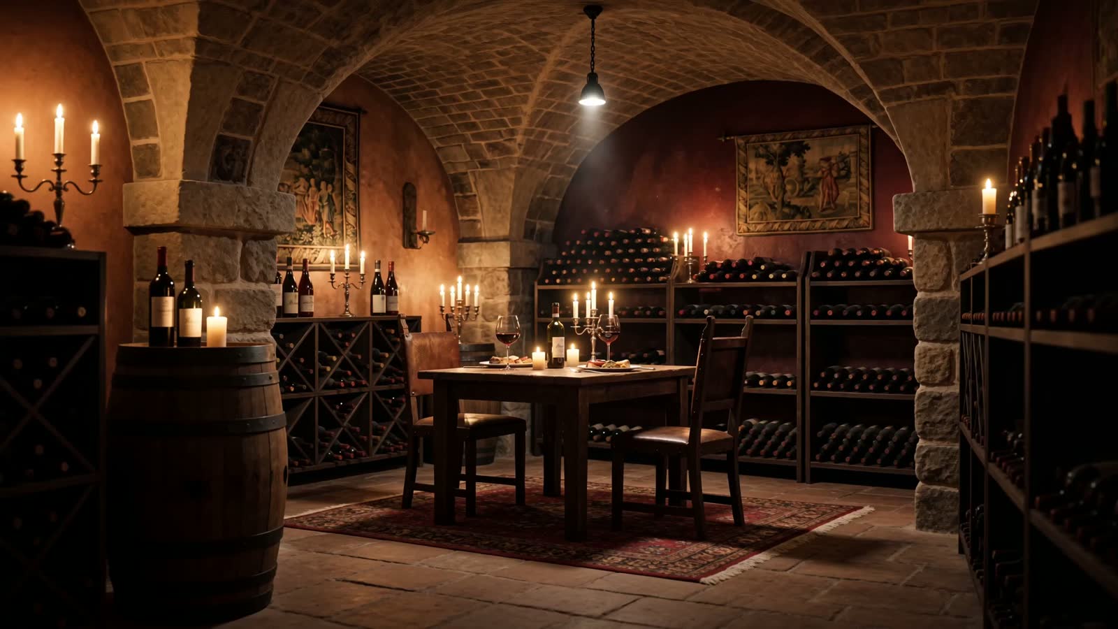 A candlelit table for two deep in a wine cellar lined with bottles