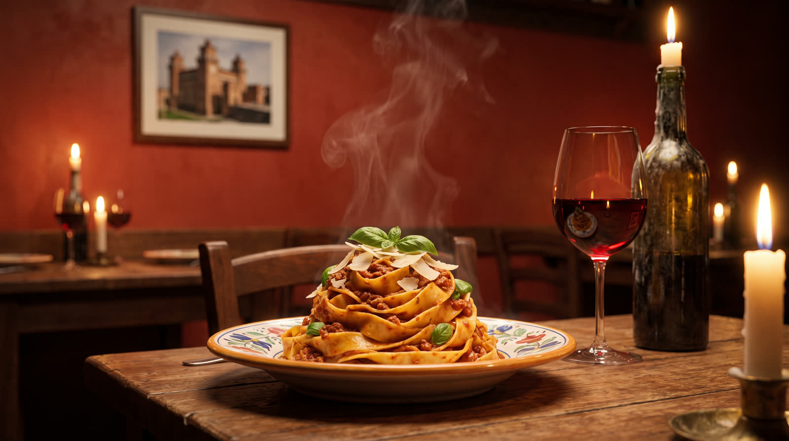 A steaming plate of fresh pappardelle al ragù beside a glass of Barolo, on a candlelit trattoria table