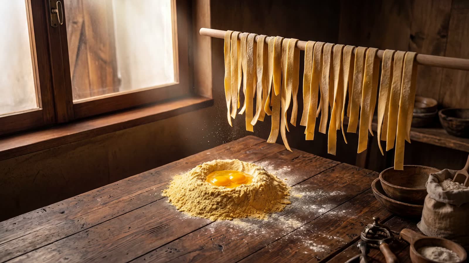 A mound of flour with egg yolks in its well, fresh pappardelle drying on a wooden dowel behind